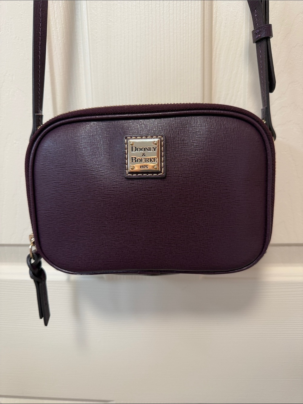 Dooney & Bourke Saffaino Deep Plum Crossbody Camera Bag with Gold Logo Plate